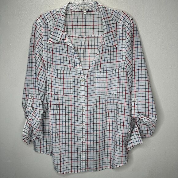 Joie White Red Blue Black & Green Plaid Front Button Pockets Long Sleeve Shirt L - Picture 13 of 13